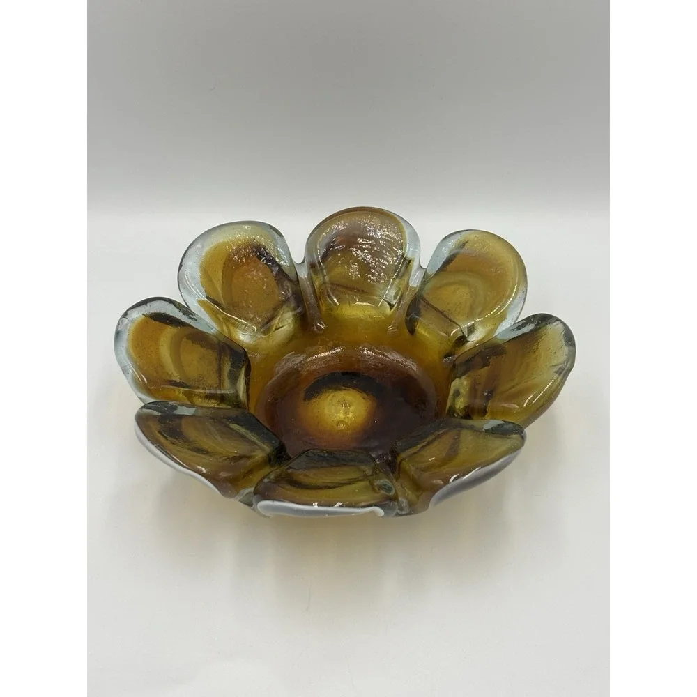 Vintage Art Glass Ashtray Bowl Dish Floral Flower Petal MCM ‎ Whitish Brown